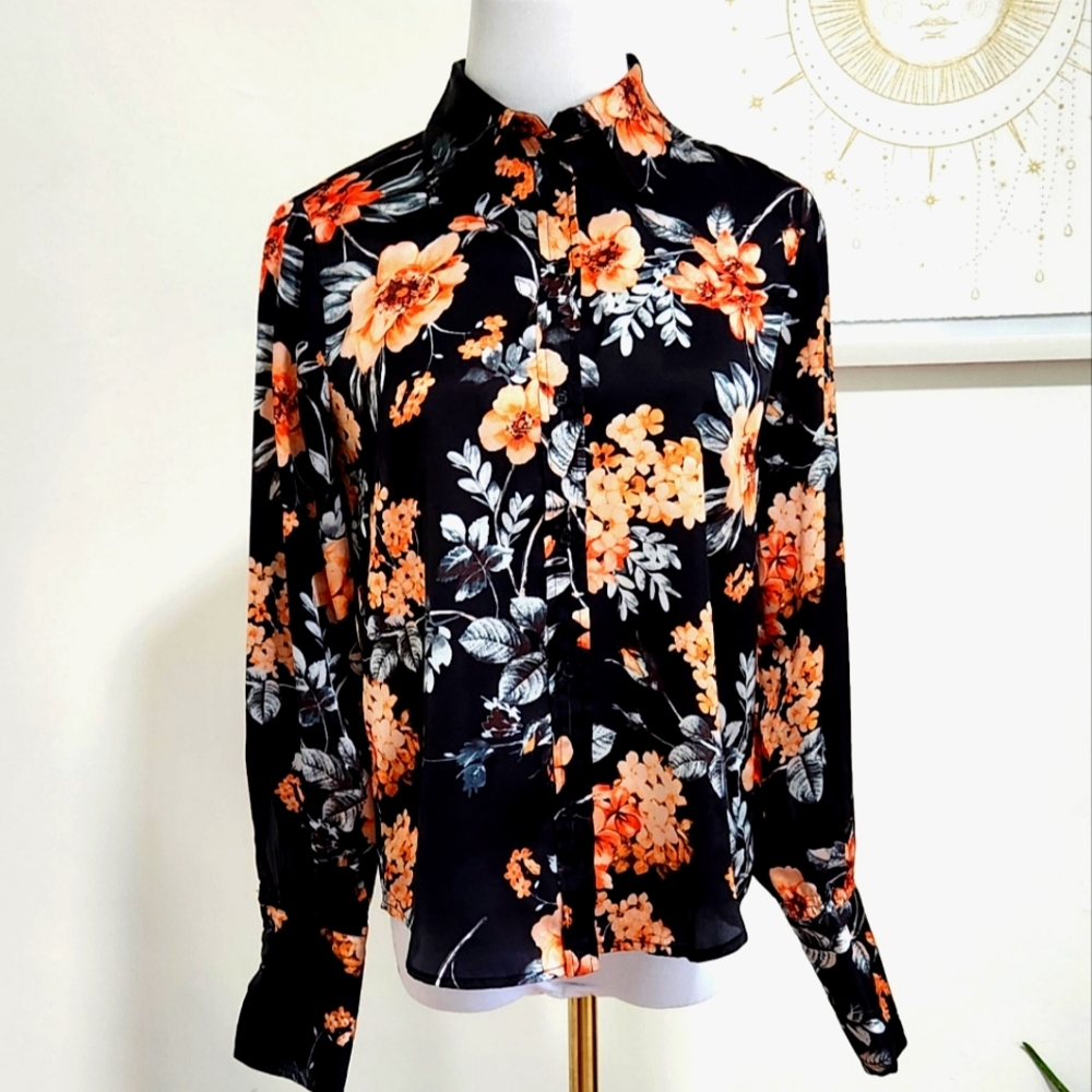 Elie Tahari Black and Floral Long Sleeve Blouse
